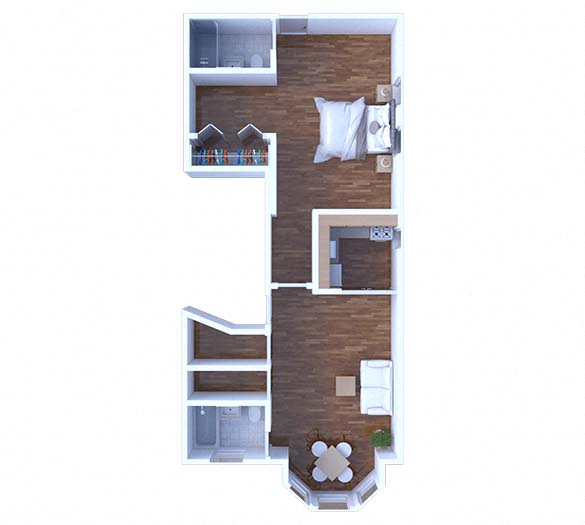 Floor plan for 1 bed, 1 bath, 640 sqft