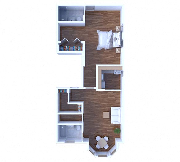 Floor plan for 1 bed, 1 bath, 640 sqft