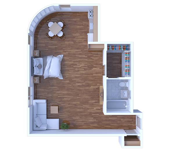 Floor plan for studio, 1 bath, 500 sqft