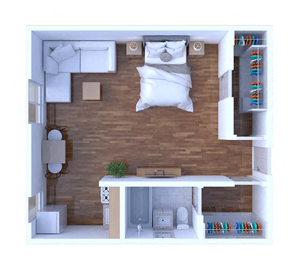 Floor plan for studio, 1 bath, 500 sqft