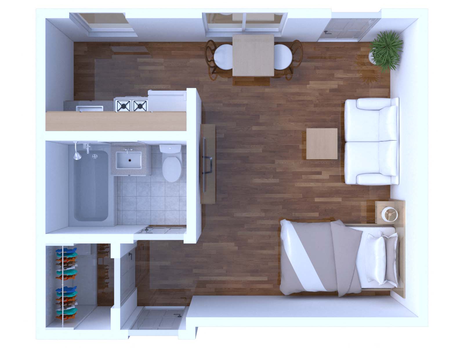 Floor plan for studio, 1 bath, 260 sqft