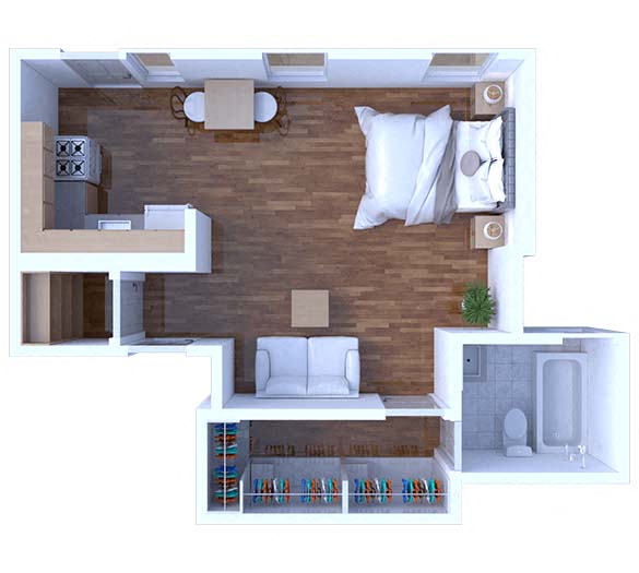 Floor plan for studio, 1 bath, 390 sqft