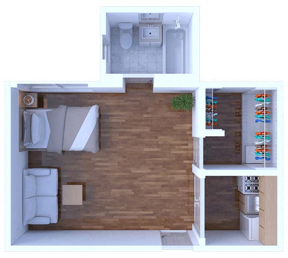 Floor plan for studio, 1 bath, 285 sqft