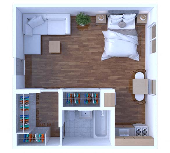 Floor plan for studio, 1 bath, 300 sqft