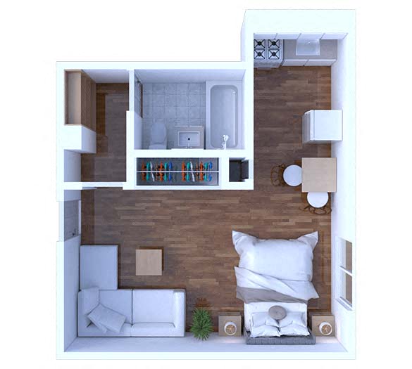 Floor plan for studio, 1 bath, 375 sqft