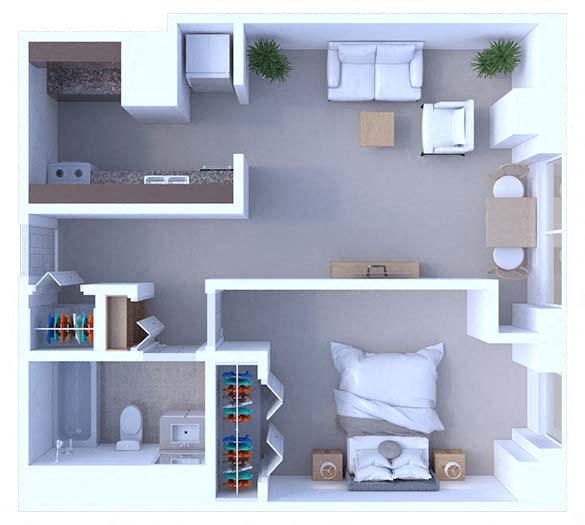 Floor plan for 1 bed, 1 bath, 555 sqft