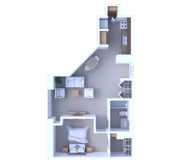 Floor plan for 1 bed, 1 bath, 585 sqft