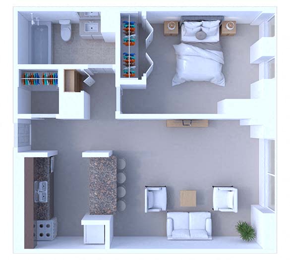 Floor plan for 1 bed, 1 bath, 600 sqft