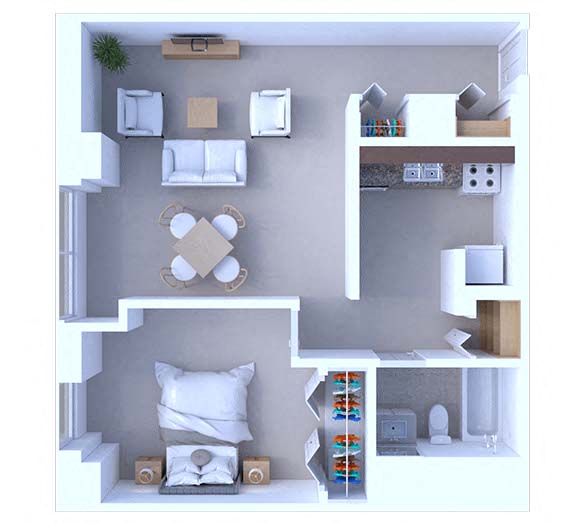 Floor plan for 1 bed, 1 bath, 615 sqft