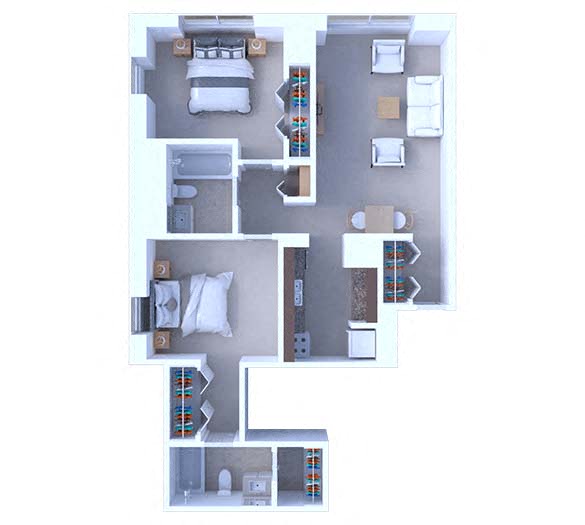 Floor plan for 2 beds, 2 baths, 860 sqft