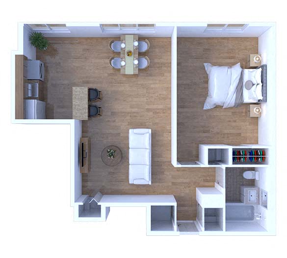 Floor plan for 1 bed, 1 bath, 600 sqft