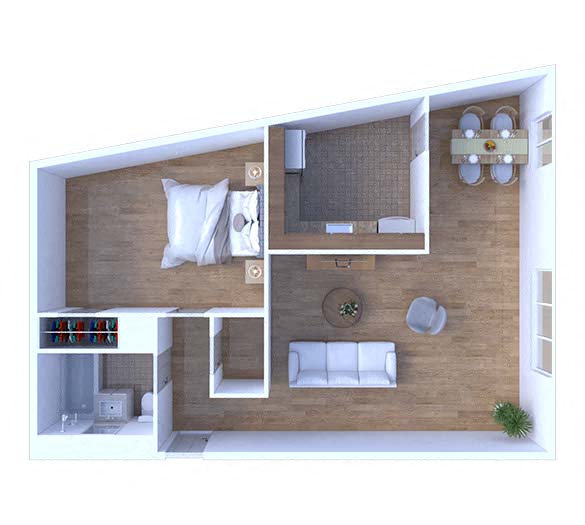 Floor plan for 1 bed, 1 bath, 650 sqft