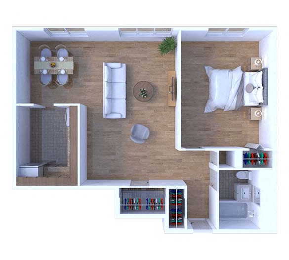 Floor plan for 1 bed, 1 bath, 675 sqft