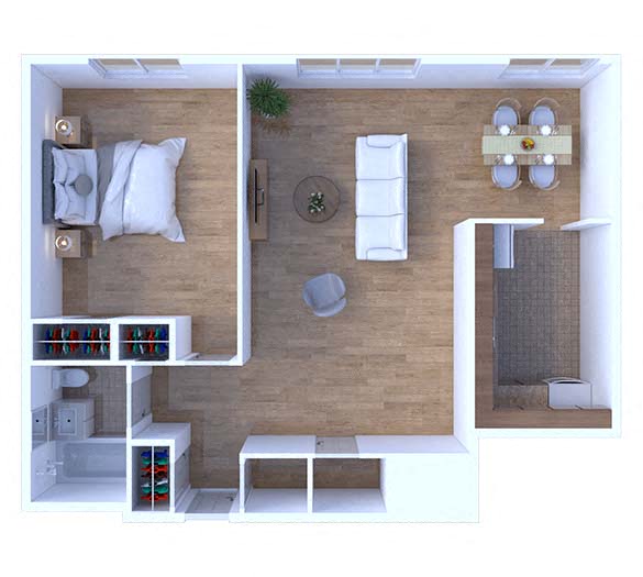 Floor plan for 1 bed, 1 bath, 685 sqft