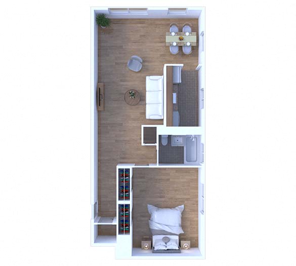 Floor plan for 1 bed, 1 bath, 695 sqft