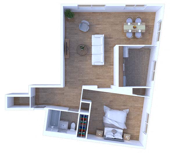 Floor plan for 1 bed, 1 bath, 725 sqft