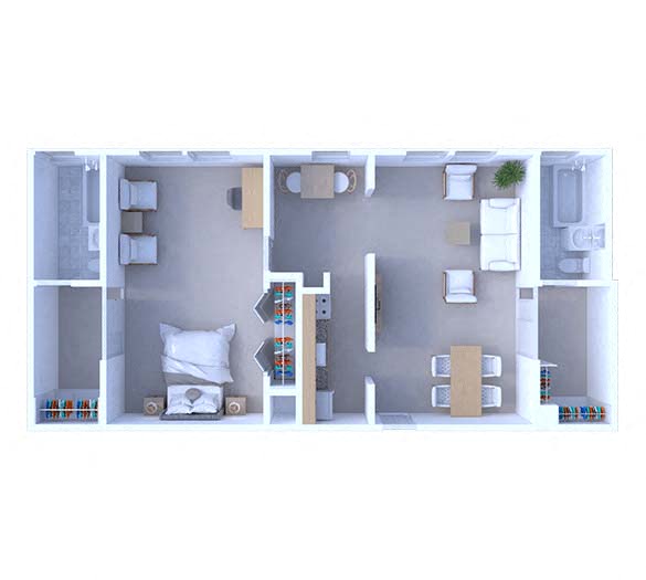 Floor plan for 1 bed, 2 baths, 975 sqft