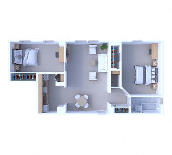 Floor plan for 2 beds, 1 bath, 975 sqft