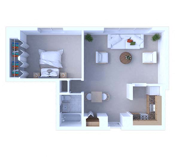 Floor plan for 1 bed, 1 bath, 675 sqft