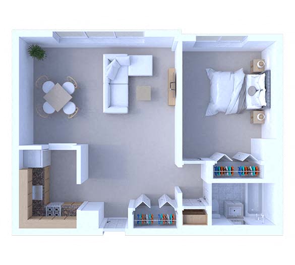Floor plan for 1 bed, 1 bath, 685 sqft