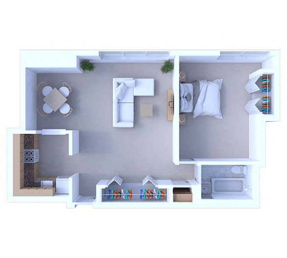 Floor plan for 1 bed, 1 bath, 725 sqft