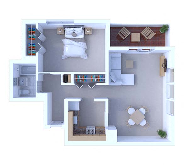 Floor plan for 1 bed, 1 bath, 750 sqft