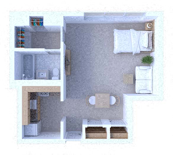 Floor plan for studio, 1 bath, 400 sqft