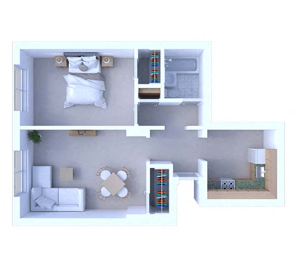 Floor plan for 1 bed, 1 bath, 625 sqft