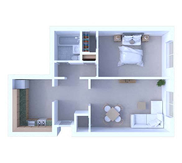 Floor plan for 1 bed, 1 bath, 650 sqft