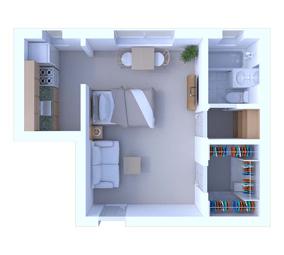 Floor plan for studio, 1 bath, 375 sqft