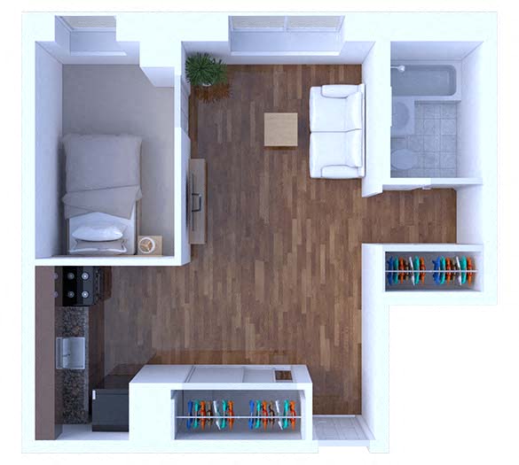 Floor plan for 1 bed, 1 bath, 500 sqft