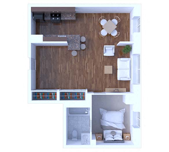 Floor plan for 1 bed, 1 bath, 585 sqft