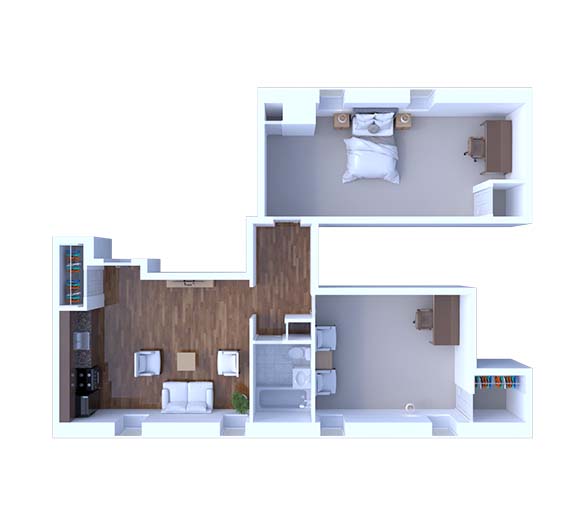 Floor plan for 2 beds, 1 bath, 515 sqft