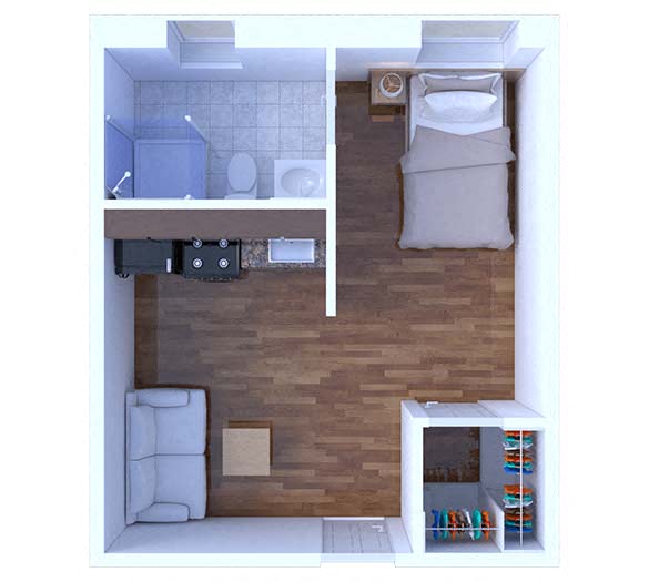 Floor plan for 1 bed, 1 bath, 601 sqft