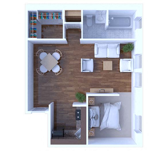 Floor plan for 1 bed, 1 bath, 465 sqft