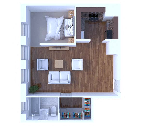 Floor plan for 1 bed, 1 bath, 465 sqft