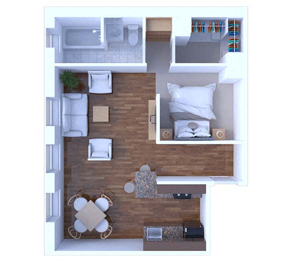 Floor plan for 1 bed, 1 bath, 500 sqft