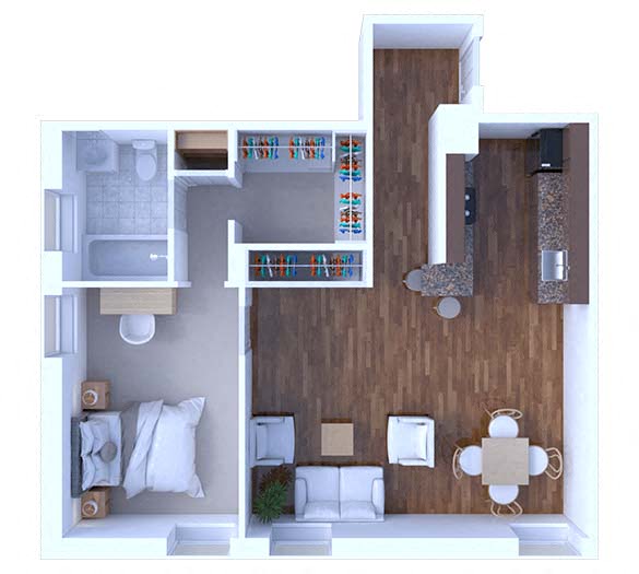 Floor plan for 1 bed, 1 bath, 555 sqft
