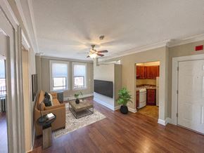 Chicago apartment for rent - a living room with a couch and a ceiling fan