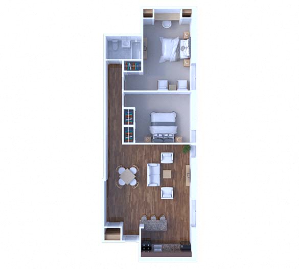 Floor plan for 2 beds, 1 bath, 905 sqft