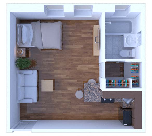Floor plan for studio, 1 bath, 275 sqft