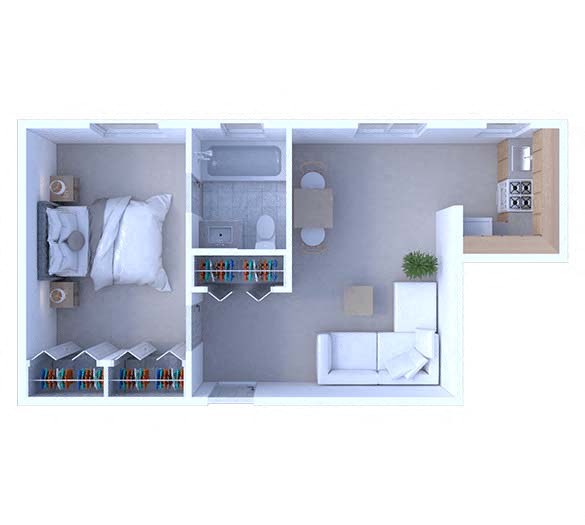 Floor plan for 1 bed, 1 bath, 415 sqft