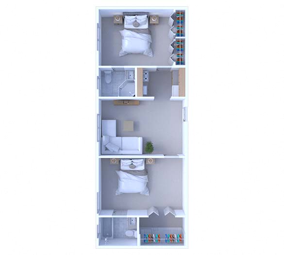 Floor plan for 2 beds, 2 baths, 600 sqft