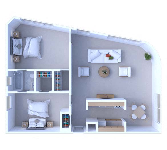 Floor plan for 2 beds, 1 bath, 900 sqft