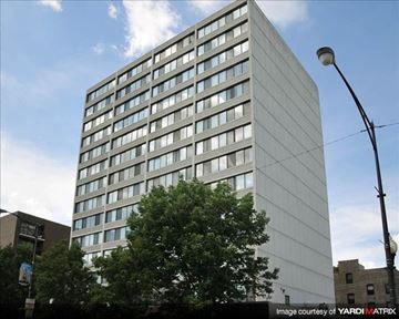 Chicago apartment for rent - A tall building with many windows is surrounded by trees.