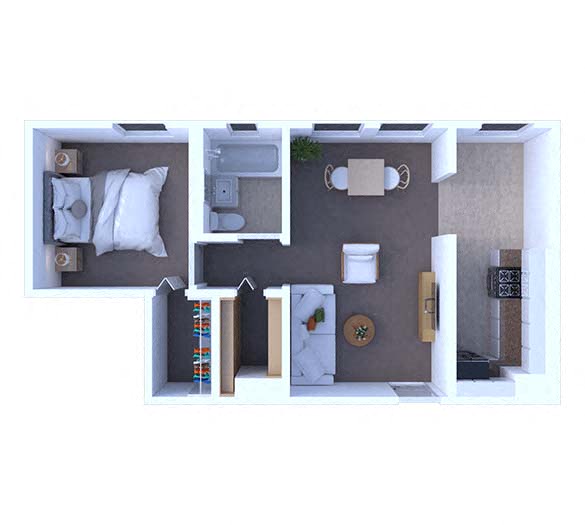 Floor plan for 1 bed, 1 bath, 675 sqft