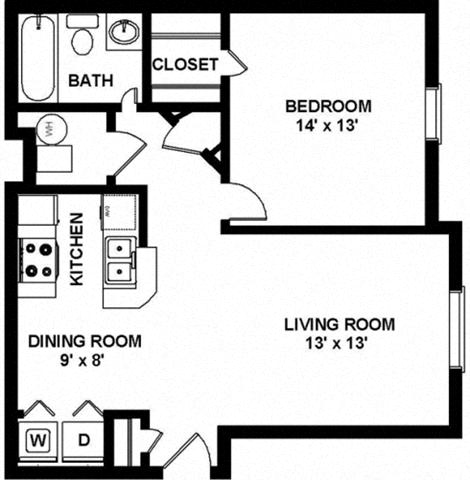 Floor plan for 1 bed, 1 bath, 690 sqft