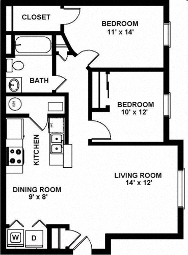 Floor plan for 2 beds, 1 bath, 885 sqft