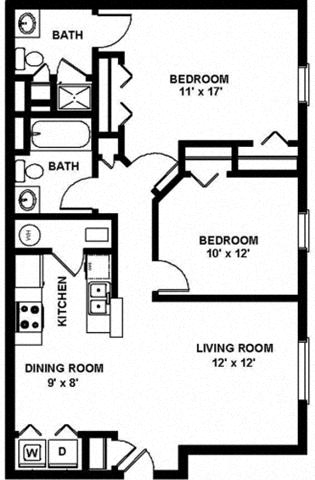 Floor plan for 2 beds, 2 baths, 949 sqft