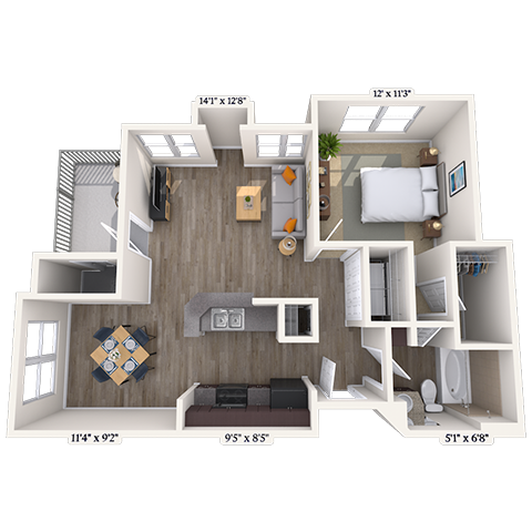 Floor plan for 1 bed, 1 bath, 708 sqft